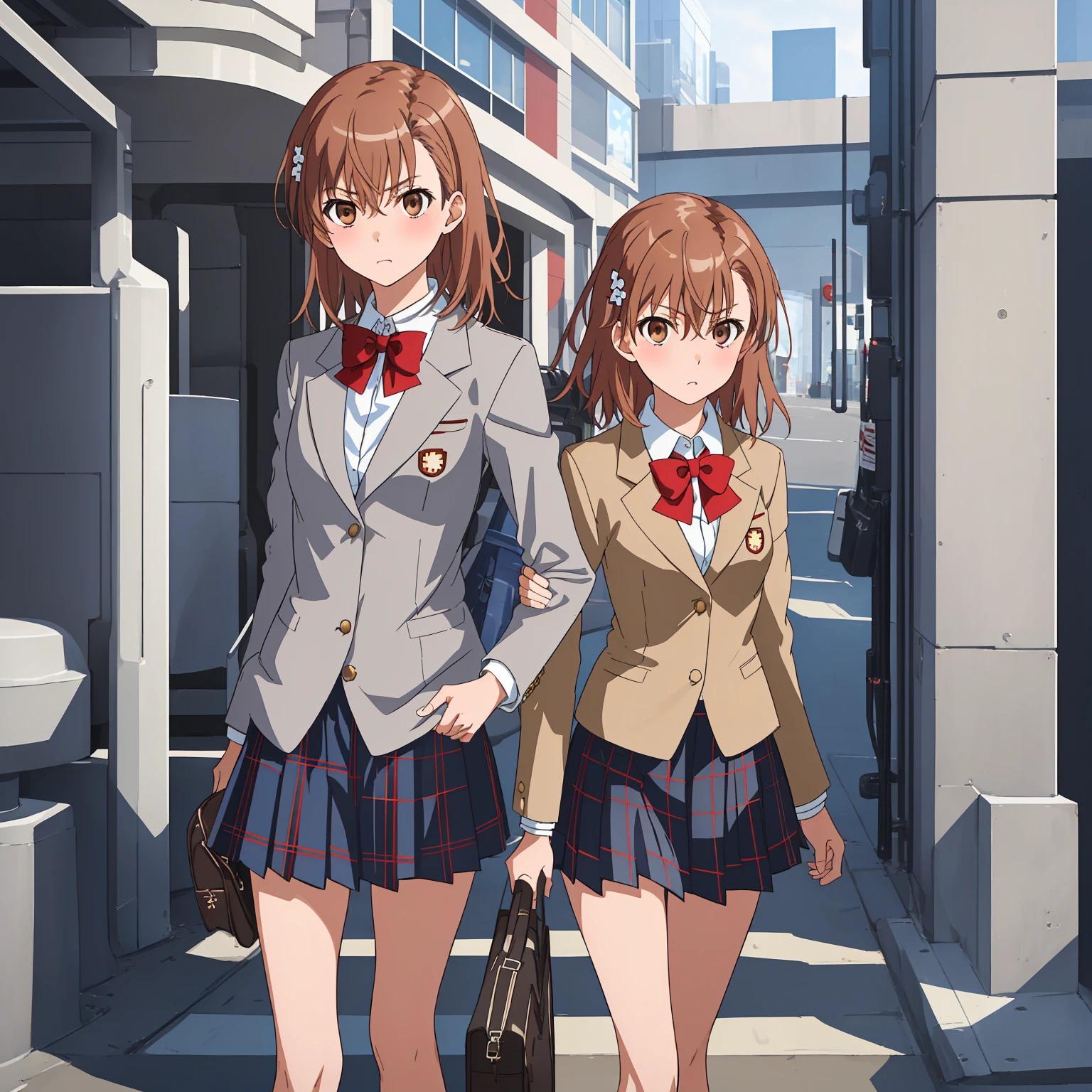 ((Best Quality)), ((masterpiece)), (detailed), 1girl, solo, perfect face, beautiful face, detailed face, perfect eyes, perfect hair, detailed hair, Misaka_mikoto, bowtie, brown jacket, red bow, red bowtie,blazer, bow, ， skirt, pleated skirt, grey skirt, black skirt, blue plaid skirt with criss-cross lines in black and tan, pleated skirt with black pleats and school style, show face, focus face, face-to-face, facial zoom, Brown eyes, extremely detailed hair