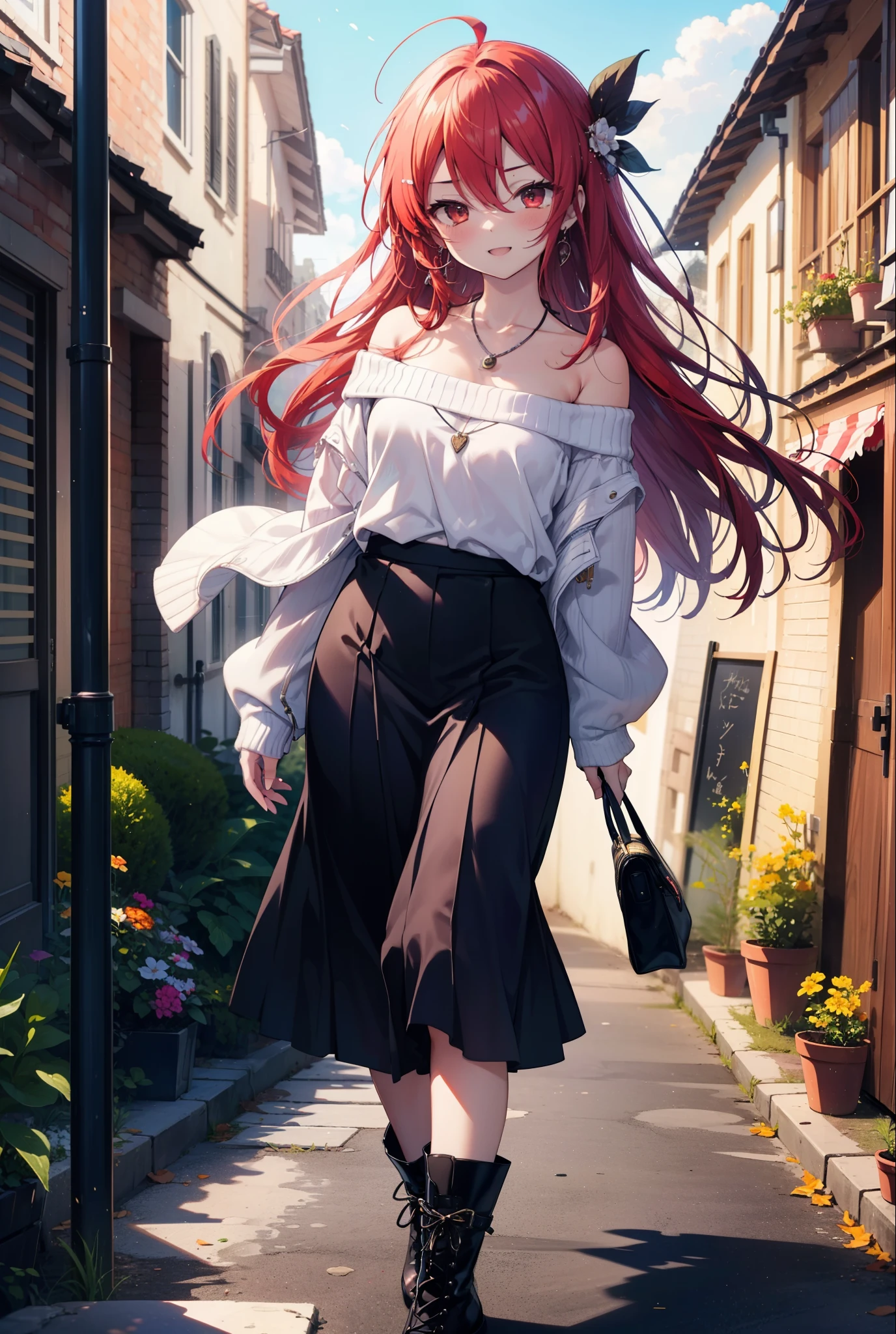 Shana,灼眼のShana,Long Hair, Red Hair, Red eyes,Ahoge,happy smile, smile, Open your mouth,Oversized off-the-shoulder sweater,Bare shoulders,bare clavicle,Bare neck,Locket Necklace,black long skirt,short boots,Daytime,sunny,Walking,whole bodyがイラストに入るように, break outdoors, Building district, break looking at viewer, whole body, break (masterpiece:1.2), Highest quality, High resolution, unity 8k wallpaper, (shape:0.8), (Beautiful attention to detail:1.6), Highly detailed face, Perfect lighting, Highly detailed CG, (Perfect hands, Perfect Anatomy),