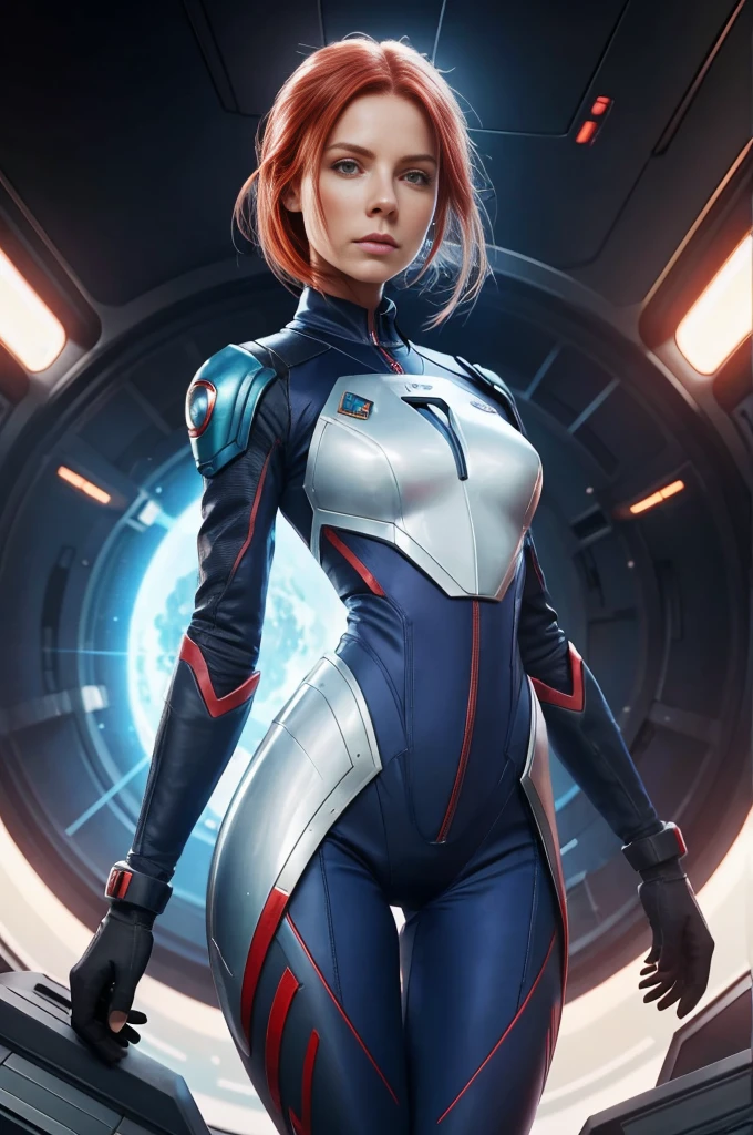 ((a woman with red hair, natural blue skin)), wearing a futuristic suit, fully body, Astronaut Armored Suit , [Victoria Beckham], [[Kate Beckinsale]], [[[Jenna Coleman]]], [[[Tricia Helfer]],Space Cadet Girl, Wojtek FUS, Epic science fiction character art, Epic Sci-Fi Character Art, detailed digital concept art, artstation trend, Trend at Artstation headquarters, Sci - science fiction character, thigh gap, small waist, Slender thighs