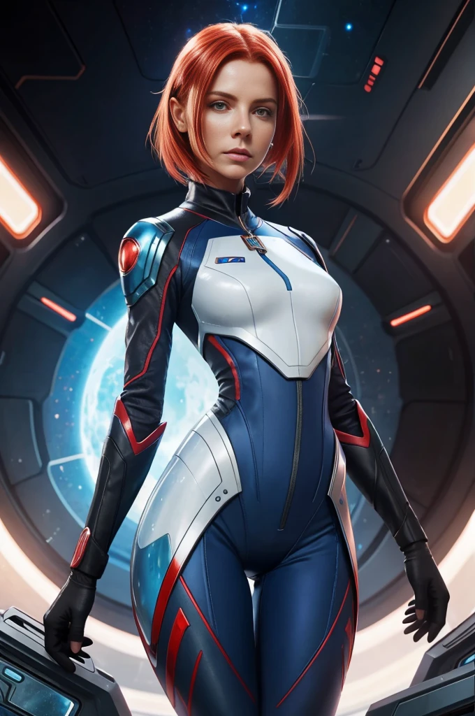 ((a woman with red hair, natural blue skin)), wearing a futuristic suit, fully body, Astronaut Armored Suit , [Victoria Beckham], [[Kate Beckinsale]], [[[Jenna Coleman]]], [[[Tricia Helfer]],Space Cadet Girl, Wojtek FUS, Epic science fiction character art, Epic Sci-Fi Character Art, detailed digital concept art, artstation trend, Trend at Artstation headquarters, Sci - science fiction character, thigh gap, small waist, Slender thighs