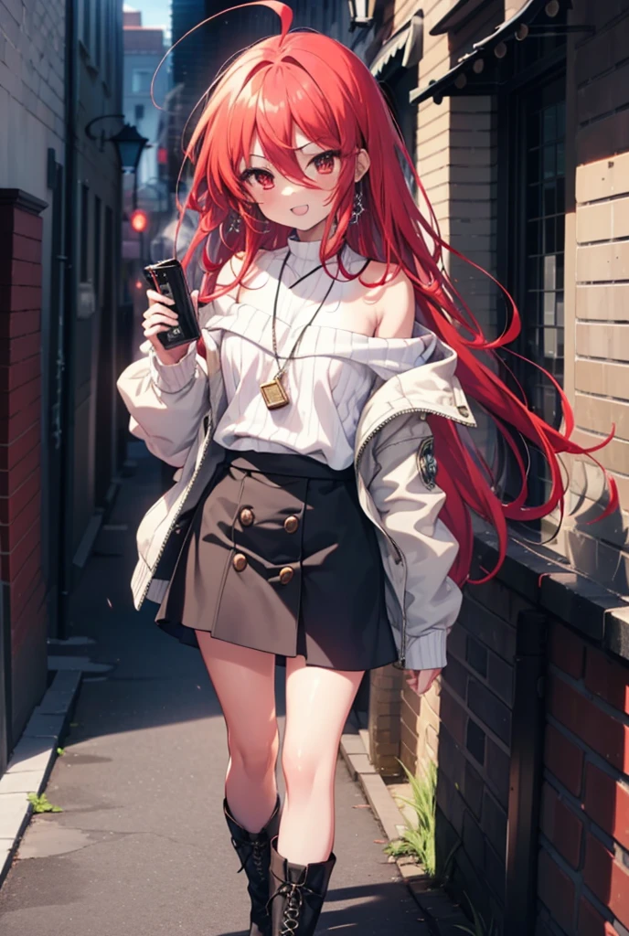 Shana,灼眼のShana,Long Hair, Red Hair, Red eyes,Ahoge,happy smile, smile, Open your mouth,Oversized off-the-shoulder sweater,Bare shoulders,bare clavicle,Bare neck,Locket Necklace,black long skirt,short boots,Daytime,sunny,Walking,whole bodyがイラストに入るように, break outdoors, Building district, break looking at viewer, whole body, break (masterpiece:1.2), Highest quality, High resolution, unity 8k wallpaper, (shape:0.8), (Beautiful attention to detail:1.6), Highly detailed face, Perfect lighting, Highly detailed CG, (Perfect hands, Perfect Anatomy),