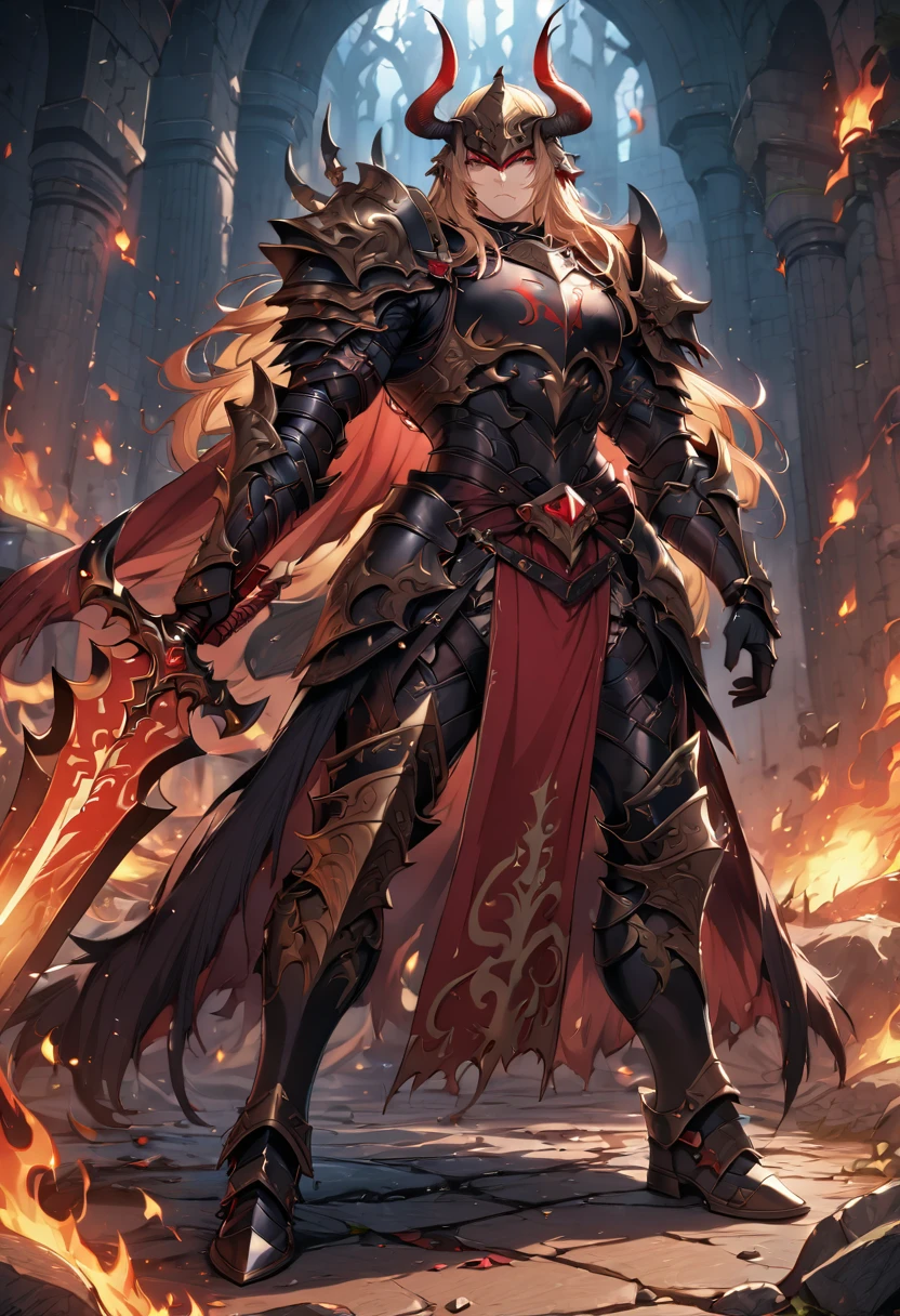 Masterpiece, exquisite and detailed, 8k, high resolution, merdieval fantasy, warrior, long blonde hair, light red eyes, muscular body, helmet with horns, black armor with red cape, carving of a red deer on the breastplate of the armor, standing with the flaming sword stuck on the ground, chaotic dungeon with blood scattered and fire
