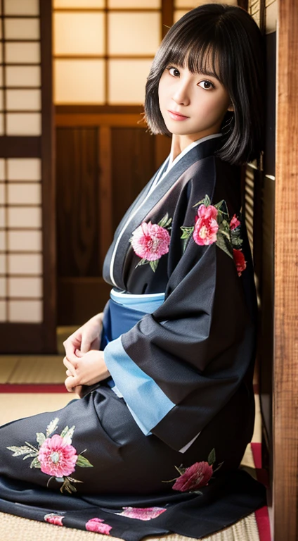 Best-quality, Masterpiece, Ultra-High-Resolution, (Photorealistic:1.4), Raw-Photo, Extremely-Details, Perfect-Anatomy, 1girl, 18-years-old, the most famous Japanese actress, cowboy-shot, upturned hip, looking at viewer, in Japanese-style room, wearing colorful luxurious KIMONO, detailed extremely cute face like a most popular Japanese actress, detailed extremely beautiful big black solid circle eyes, detailed extremely beautiful black short-cut-haired, detailed luxurious KIMONO, detailed Japanese-style room, detailed extremely beautiful realistic skins, detailed extremely beautiful hip line, whole body, kneeling on tatami mat with her hands placed on her lap