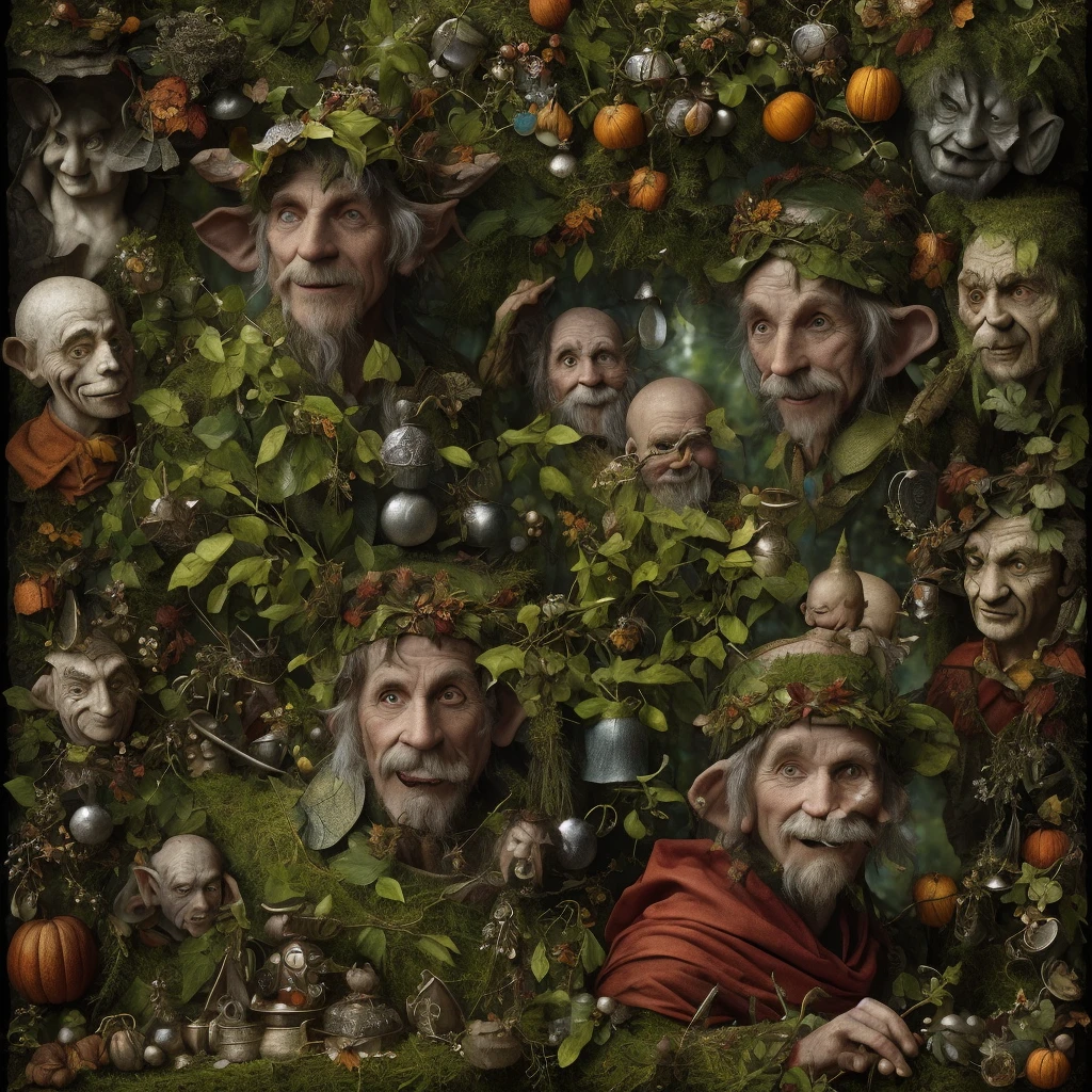 Puck, the forest jester, is an elf being, his clothes and bells have the color of autumn, his skin is green and wrinkled, , his nose and ears are pointed, His expression is mischievous, somewhat malicious. In its appearance we find the textures, shapes and colors of nature. In the pictorial style of Hieronymus Bosch.