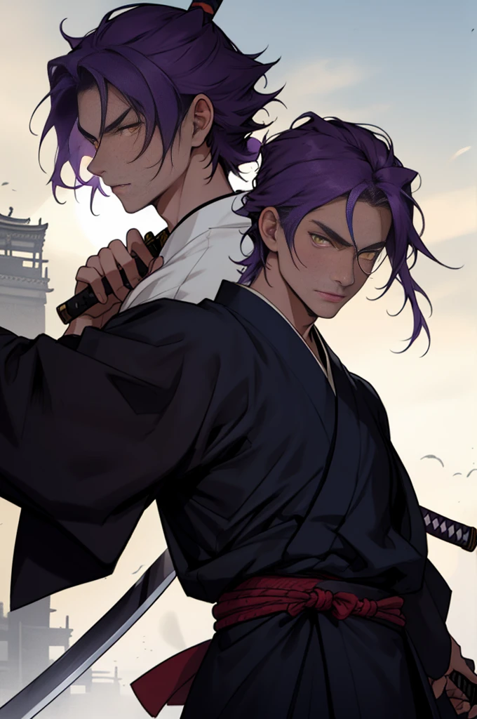 A boy, naughty man, adolescent, purple hair, yellow eyes, posing, with a samurai kimono, holding a katana, and with the hair down looking like L's hair from death note.