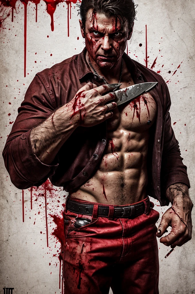 Create a poster for a horror film where a mysterious killer appears with a handful of blood in one of his hands, a knife with an athletic body but you can't see his face because there is a shadow in his eyes, the poster is from a horror film horror in the 80s style Psycho