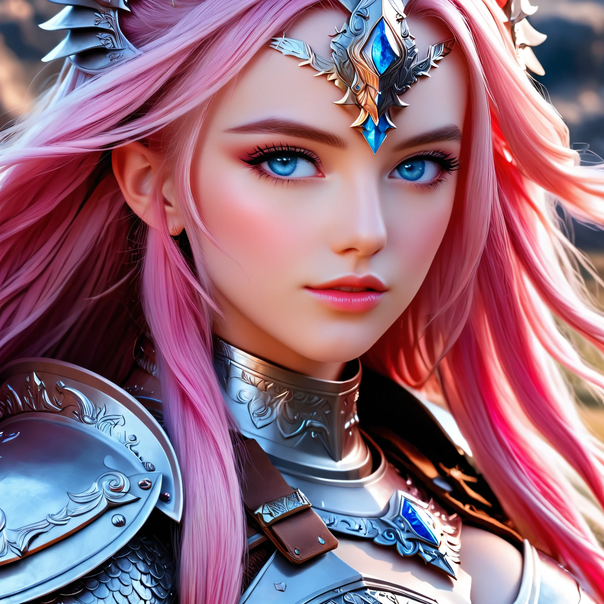 A hyper-realistic close-up portrait of a warrior maiden with blue eyes and long pink hair, wearing intricate armor and set against a battlefield background.