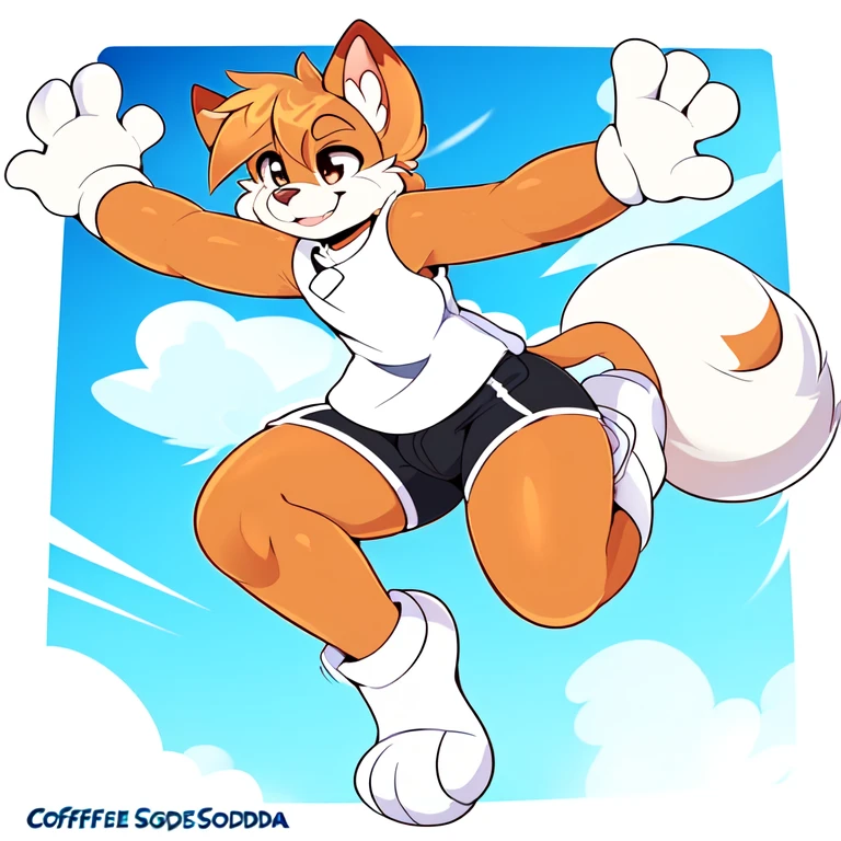 uploaded on e621, white female anthro cat, uploaded to e621, ((by teranen, by supercartoonist in devianart, by Dan Hassket, by Coffeesoda, by Supercartoonist, by Dan Hassket )), has thick thighs, wearing black swimming shorts, jumping like Mega man, high quality, crisp