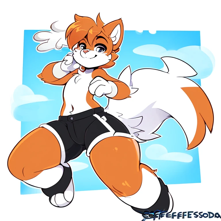 uploaded on e621, white female anthro cat, uploaded to e621, ((by teranen, by supercartoonist in devianart, by Dan Hassket, by Coffeesoda, by Supercartoonist, by Dan Hassket )), has thick thighs, wearing black swimming shorts, jumping like Mega man, high quality, crisp