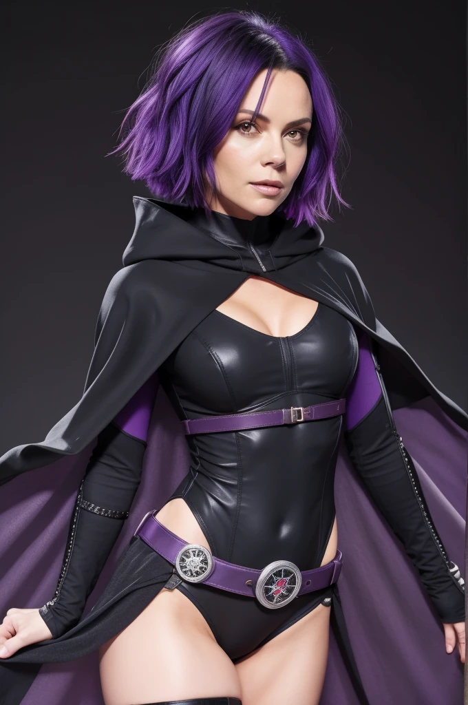 1girl, raven, black leotard, black cape, hood, purple hair, forehead jewel, purple eyes, short hair, belt, [Victoria Beckham], [[Kate Beckinsale]], [[[Jenna Coleman]]], [[[Tricia Helfer]], skin tight, standing, cleavage, toned, breasts, pose, night, moonlight, ((posing)), motion lines, torso, upper body, portrait, b&w. outline,
