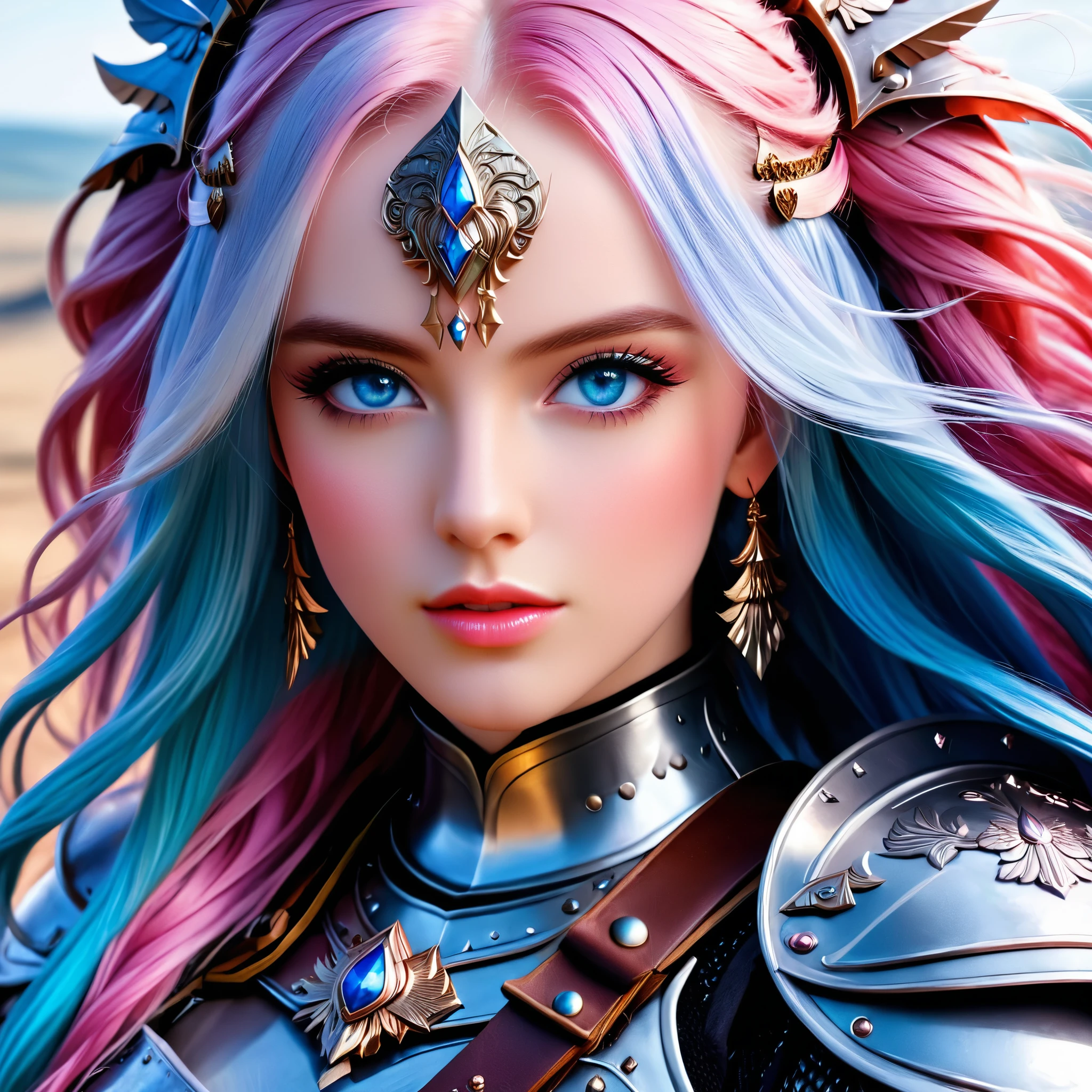 A hyper-realistic close-up portrait of a warrior maiden with blue eyes and long pink hair, wearing intricate armor and set against a battlefield background.