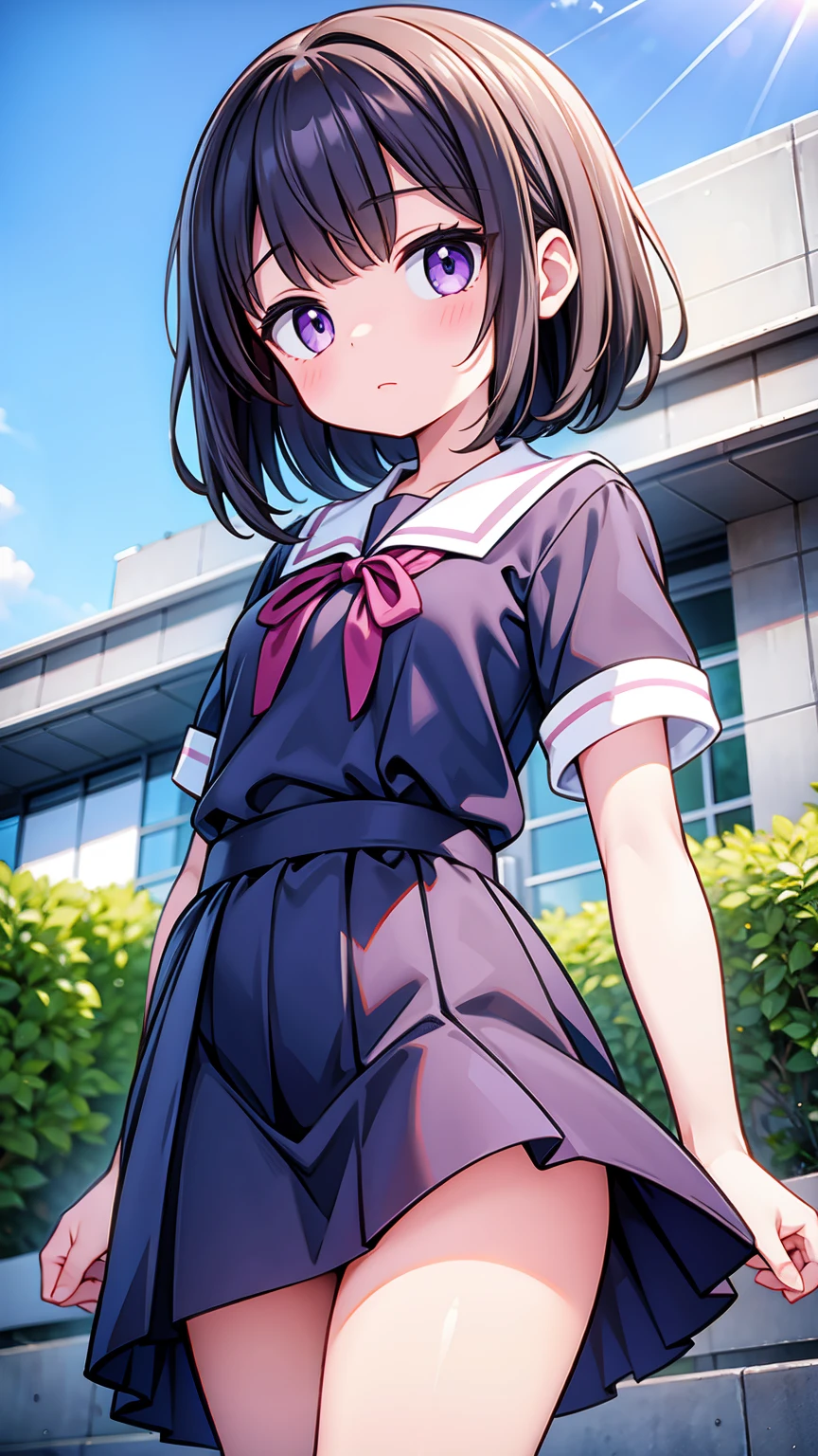 (High quality), (masterpiece), (very detailed), girl, (very small bust), short brown hair, purple eyes, shy face, (primary school loli), showing her thighs, on the school yard, sunny, camera angle from below, adorable eyes, (primar school uniform)