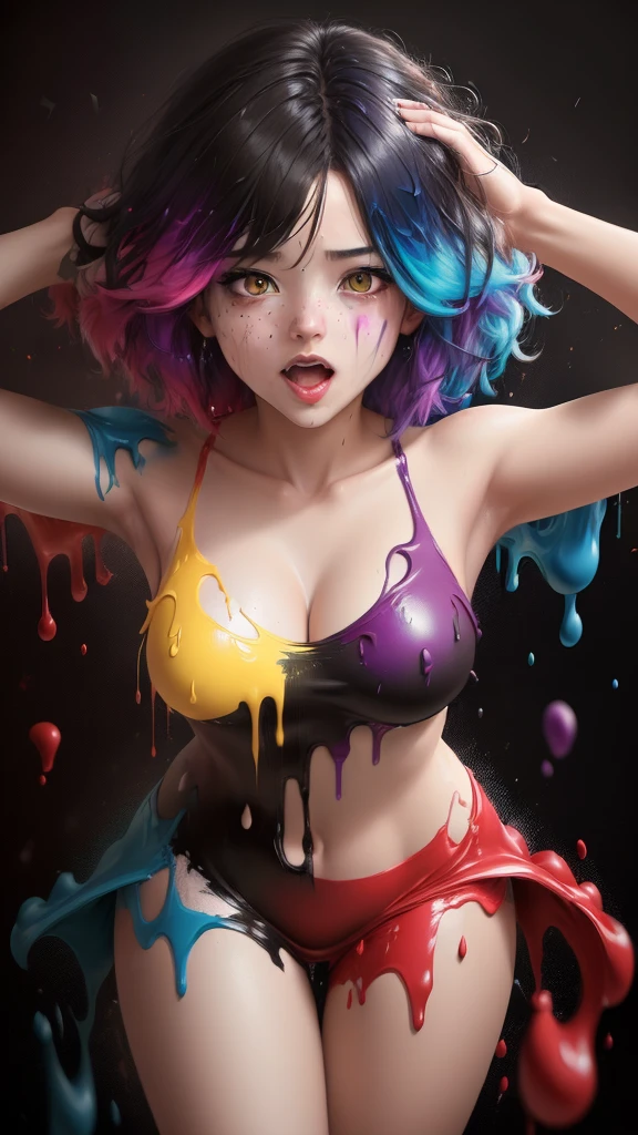 (level difference:1.8),(Paint colliding and splashing on the canvas),(depth of field),1girl's side face blends into it,(side face),open mouth,(liquid paint rainbow hair:1.1) made of paint and defies gravity,thick flowing,(paint splatter:1.3),Liquid state,stunningly beautiful, masterpiece, detailed background,ultra high quality model, ethereal background,abstract beauty, explosive volumetric, oil painting,heavy strokes,Romantic lighting,Sub-Surface Scatterring,lens 135mm,f1.8,glow,8k,high resolution, dreamy,ray tracing,hdr,god rays,