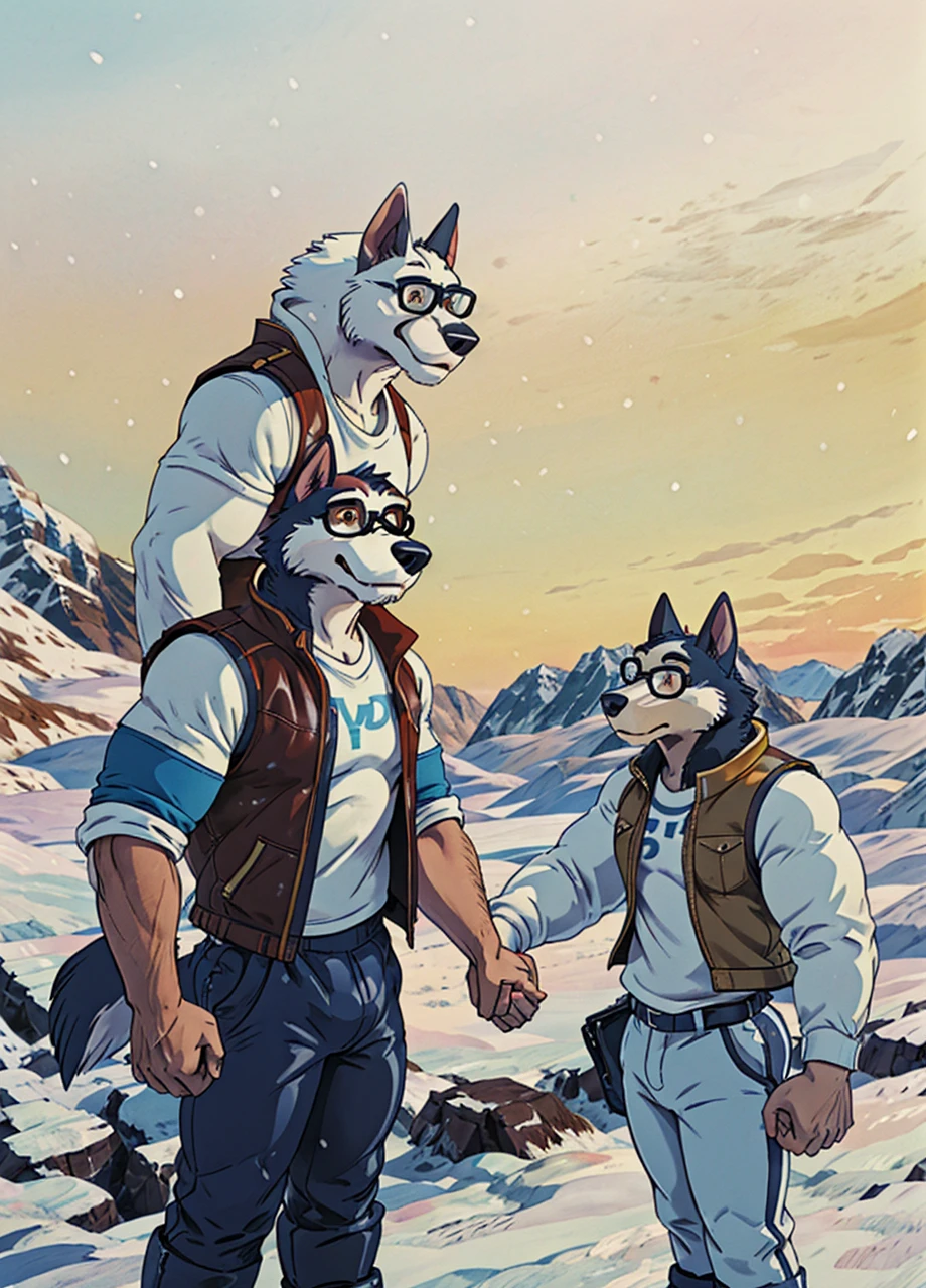 A muscular husky dog with strong, muscular build, white and black fur, wearing a leather jacket, winter pants, and snow boots, standing in an arctic landscape. A skinny boy with circle glasses, wearing a t-shirt, vest, sweatpants, holding hands with the dog, with eyes between them.