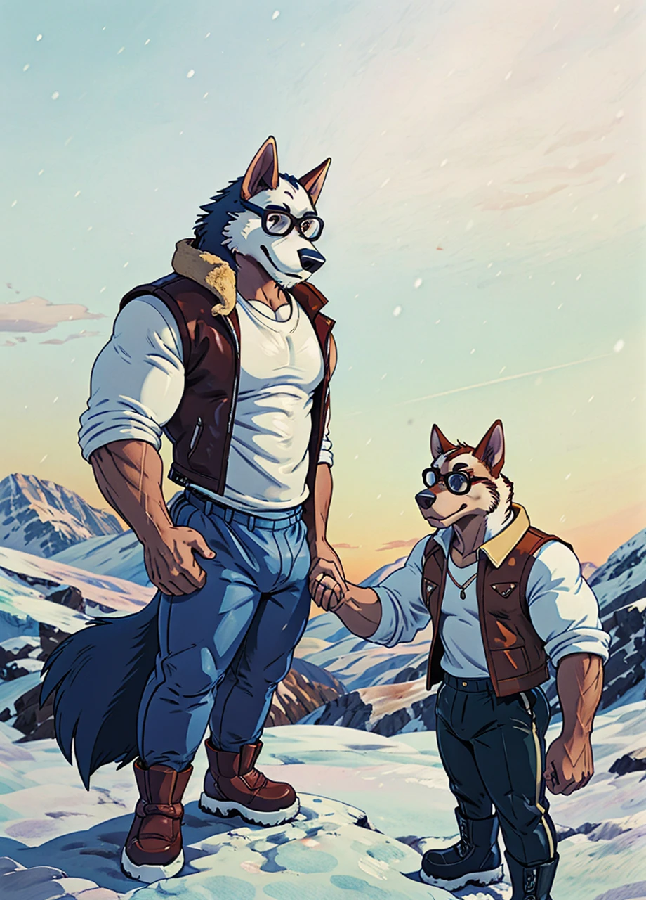 A muscular husky dog with strong, muscular build, white and black fur, wearing a leather jacket, winter pants, and snow boots, standing in an arctic landscape. A skinny boy with circle glasses, wearing a t-shirt, vest, sweatpants, holding hands with the dog, with eyes between them.