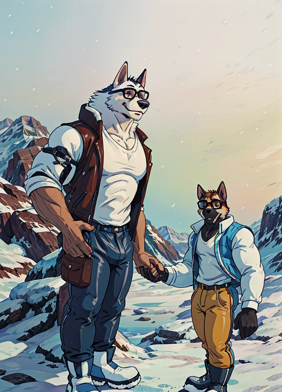 A muscular husky dog with strong, muscular build, white and black fur, wearing a leather jacket, winter pants, and snow boots, standing in an arctic landscape. A skinny boy with circle glasses, wearing a t-shirt, vest, sweatpants, holding hands with the dog, with eyes between them.