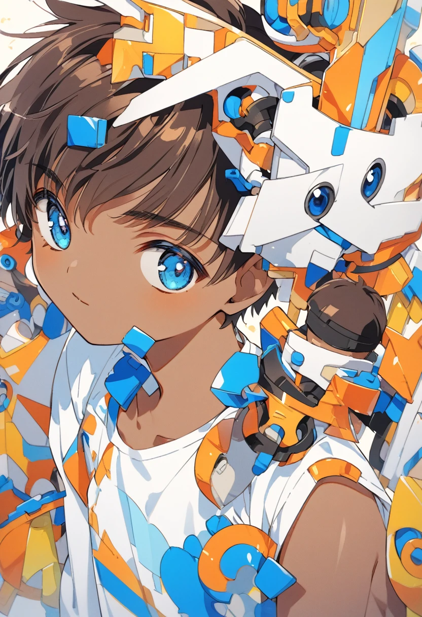 cute -yeld ind kid boy, (ark brown skin))), (((blue eyes))), white social shirt, CLAMP art style