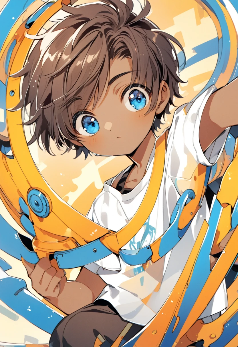 cute 12-years-old indian kid boy, (((dark brown skin))), (((blue eyes))), white social shirt, CLAMP art style