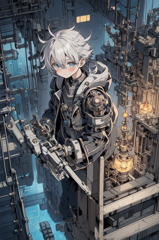 nendoroid chibi character, technical blueprint, mechanical design, cute and deformed, steampunk elements, floating in air, biomechanical details, sci-fi engineering, monochrome illustration, industrial concept, schematic art, intricate design, gears and circuits, engineering schematics, retro-futuristic style, holographic overlay