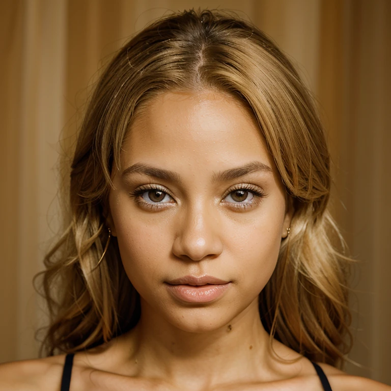 Light skin biracial woman with golden blond hair and light brown eyes