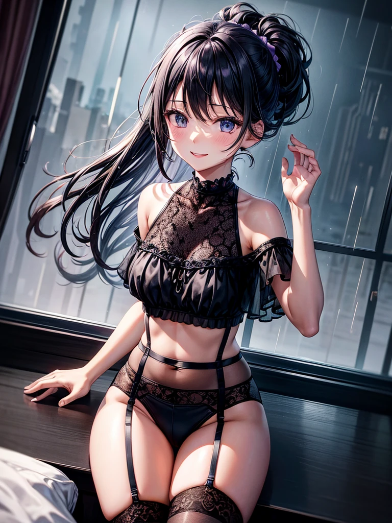Highest quality,Highest Resolution,4K quality,寝室で大きな窓の外の都市の豪rainの夜景を眺める下着姿のsmileの女性の横顔,Jet black ponytail,Dark room,Sexy Lingerie,Many water drops on the window,garter belt,High leg,Light purple underwear,Knee-high stockings,rain,豪rain,雷rain,smile,