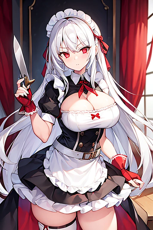 1girl, white hair, long hair, red eyes, knife, maid, large breasts, thick thighs, skirt, bare legs, maid, maid outfit, cleavage, cleavage cutout, serious, mature female, belt, glowing eyes