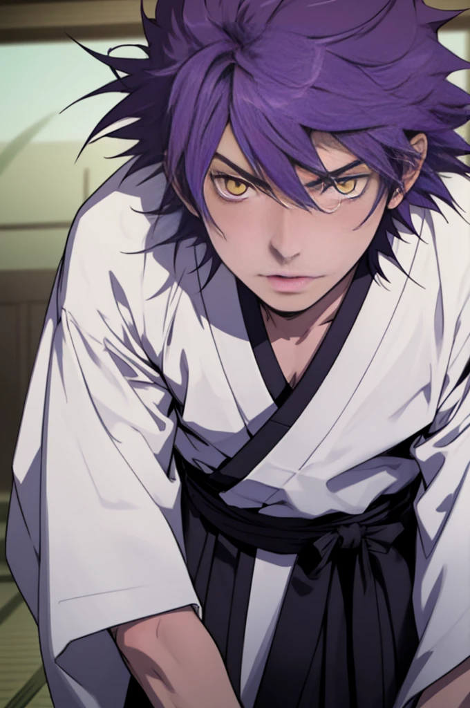 A boy, naughty man, adolescent, purple hair, yellow  eyes, posing, with a samurai kimono, with his hair down looking like L from death note