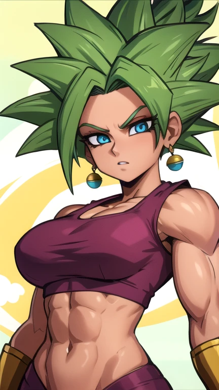RAW photo, (high detailed skin, detailed eyes:1.1), intricate details, best quality, 8k uhd, soft lighting, kefla_dragonball, muscular, jewelry, earrings, crop top
