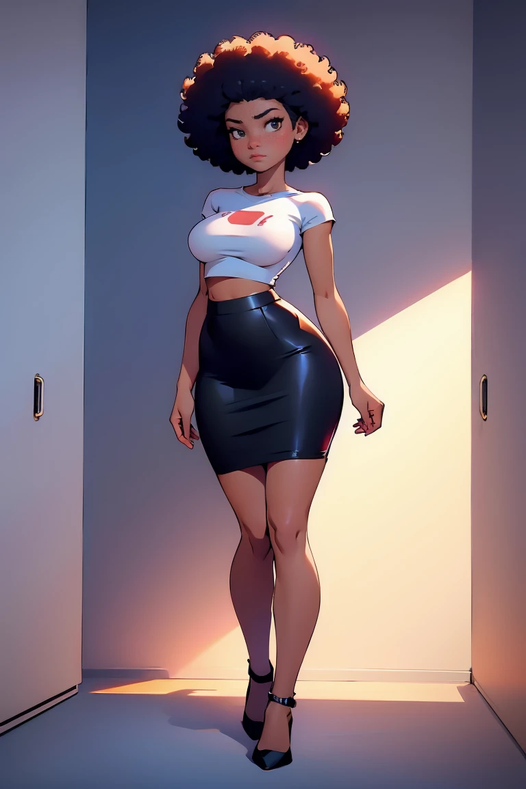 afro american girl, dark skin, behind view, afro haircut, 1 girl, solo, (black pencil skirt) (tshirt), sleveless, medium perky , wide hips
