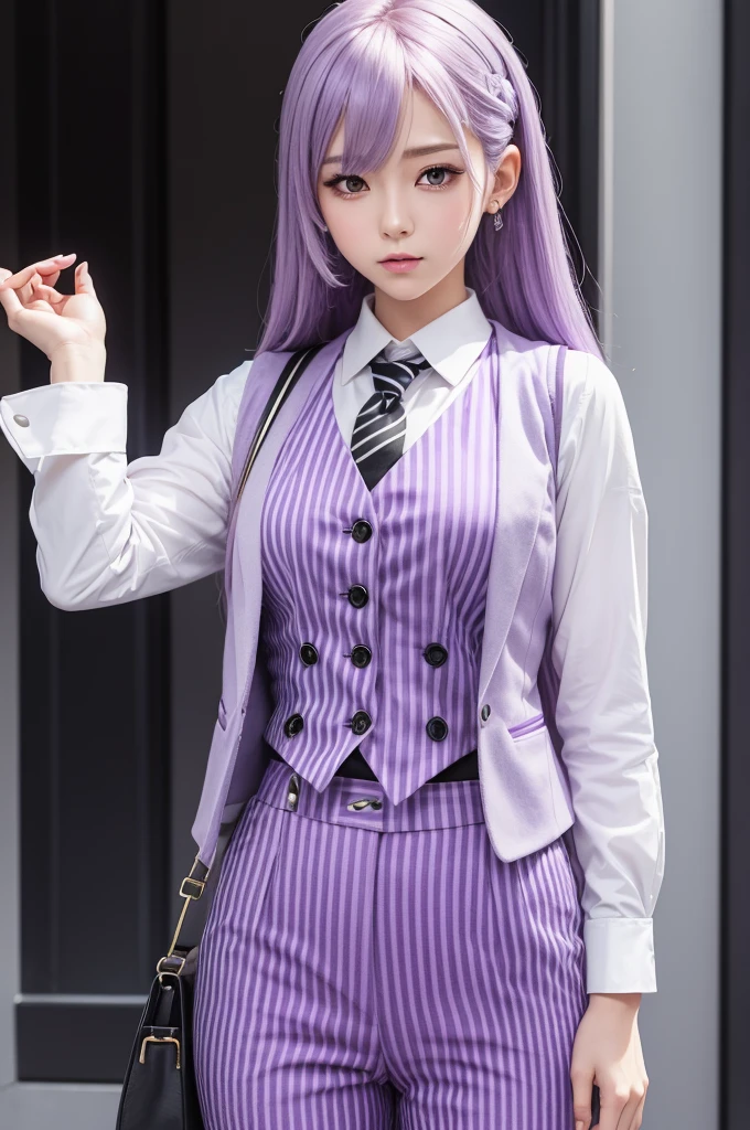 I want an anime style drawing, of a character with lilac skin, purple pants, white and lilac striped shirt, black and white checkered wool vest
