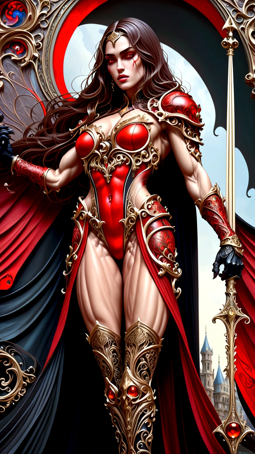 (megan fox:1.25), (muscular:1.5), (full body view:1.25), (red and black colors:1.46), (woman:1.1),(very muscular bodybuilder girl:1.25), (huge upper body:1.25), (narrow hips:1.0), long hair, (gothic intricate ornate vampiric armor:1.25), (gauntlets:1.0), (shoulder armor:1.1), ((tarot style frame:1.25)), (glowing red eyes:1.25), (huge muscular arms:1.5,), (10-pack abs:1.4), (lots of veins:1.25), (horror:1.0), (esoteric:1.1), (solo:1.4), (dynamic angle:1.0), (cowboy shot:1.0), thin legs, Realistic, Very detailed face and eyes, (masterpiece:1.1), (best quality:1.1), (ornate:1.1), (beautiful girl face:1.25)