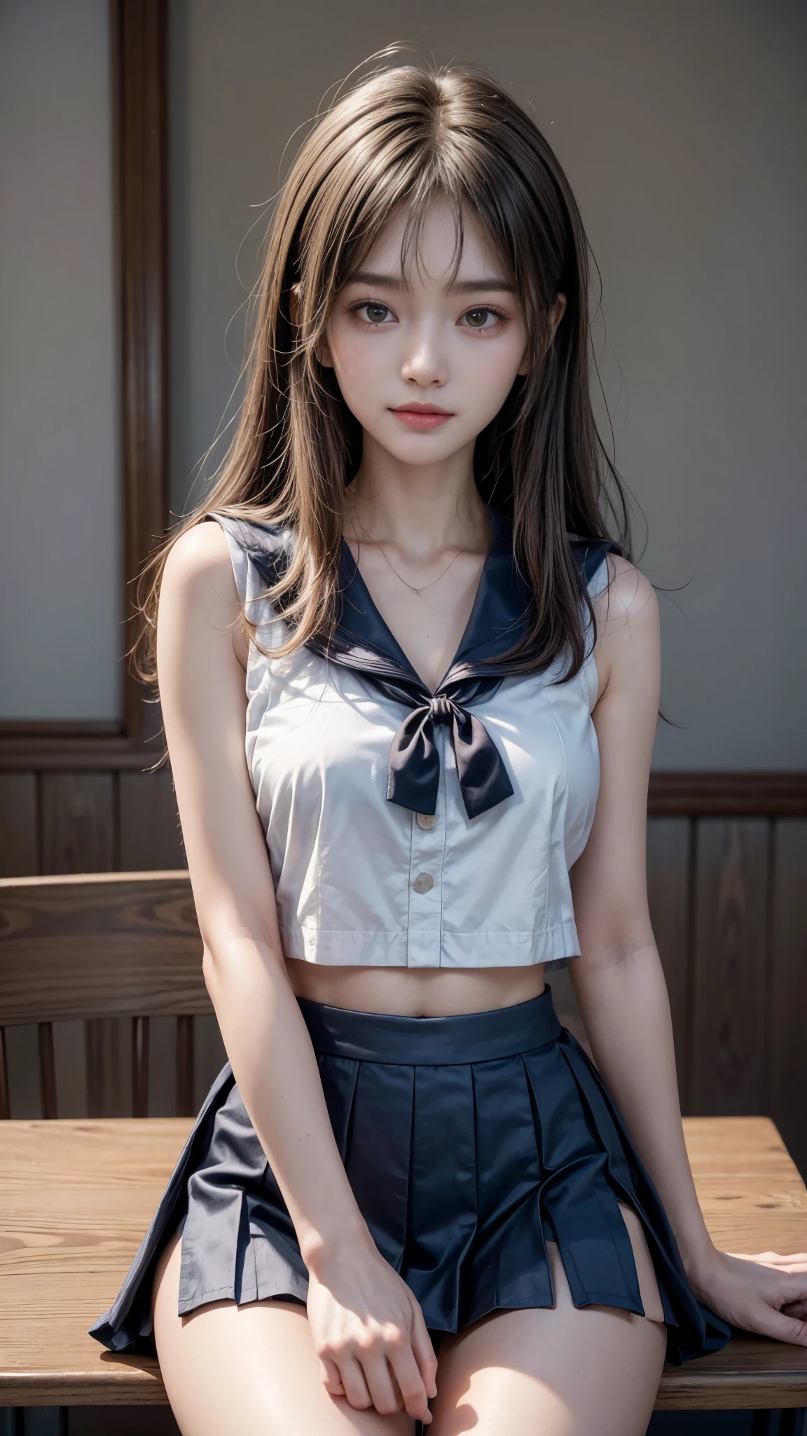 Realistic:1.3, Tabletop, (Highest quality, 8K, masterpiece:1.2, RAW Photos), ((1 beautiful girl, )), Japanese, high school girl, smile, Slim Abs, Medium breast, ((Wearing the school-issued sailor uniform, mini skirt)), Button unbuttoned, Cleavage, Sitting on a chair in a classroom at school, Spread your legs, Beautiful long legs, (whole body), Beautiful Face, Beautiful Eyes, Hair swept down the back to show shoulders, ((Detailed face, Fine grain, Professional photography techniques)), (Perfect Anatomy:1.3)