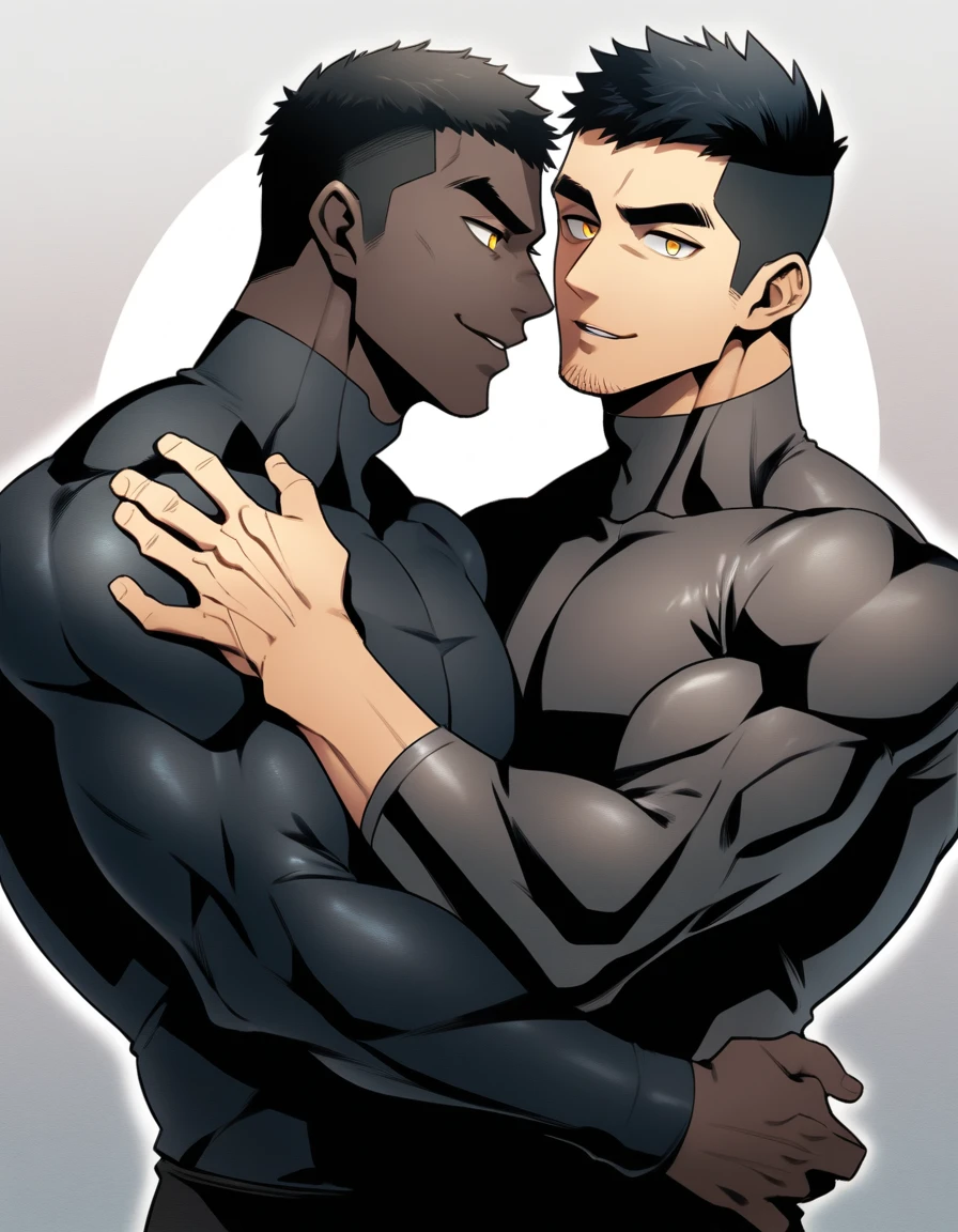 anime characters：Two superheroes in tights, Muscle superhero, negro black skin, They hugged and kissed each other, Bite your neck, Caress, Manliness, male focus, Yellow and black high collar long sleeve tight T-shirt, Slightly transparent material, Matte texture, Matte texture highlights, Very tight, Round, full and perky chest muscles, Muscle waist, Slightly transparent, muscular male, muscular, only, Upper body, alone, Black short hair, Thick eyebrows, stubble, Yellow eyes, Grey background, simple background, amazing quality, best aesthetics, Ridiculous, bright pupils, crew cut, parted lips, seductive smile, torogao, naughty face, drop shadow, best quality