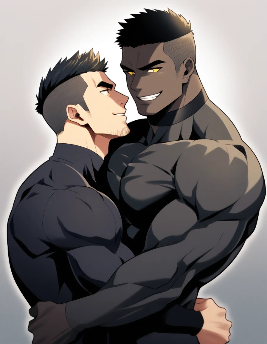 anime characters:Two superheroes in tights, Muscle superhero, negro black skin, They hugged and kissed each other, Bite your neck, Caress, Manliness, male focus, Yellow and black high collar long sleeve tight T-shirt, Slightly transparent material, Matte texture, Matte texture highlights, Very tight, Round, full and perky chest muscles, Muscle waist, Slightly transparent, muscular male, muscular, only, Upper body, alone, Black short hair, Thick eyebrows, stubble, Yellow eyes, Grey background, simple background, amazing quality, best aesthetics, Ridiculous, bright pupils, crew cut, parted lips, seductive smile, torogao, naughty face, drop shadow, best quality