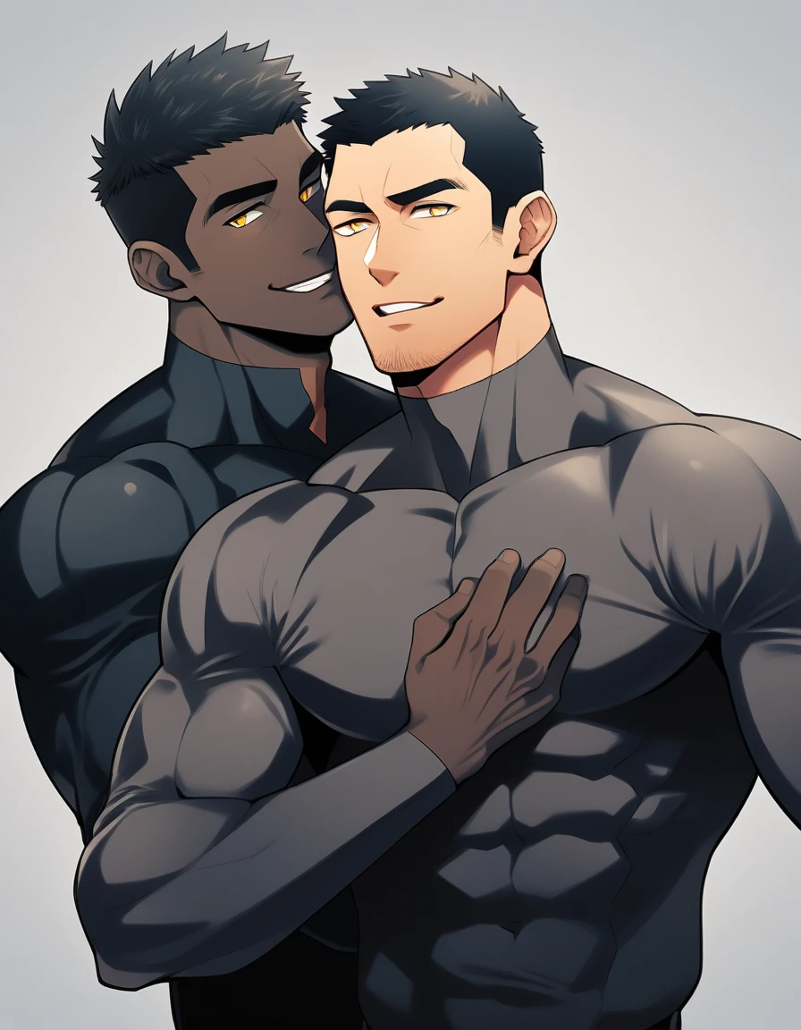 anime characters：Two superheroes in tights, Muscle superhero, ????? black skin, They hugged and kissed each other, Bite your neck, Caress, Manliness, male focus, Yellow and black high collar long sleeve tight T-shirt, Slightly transparent material, Matte texture, Matte texture highlights, Very tight, Round, full and perky chest muscles, Muscle waist, Slightly transparent, muscular male, muscular, only, Upper body, alone, Black short hair, Thick eyebrows, stubble, Yellow eyes, Grey background, simple background, amazing quality, best aesthetics, Ridiculous, bright pupils, crew cut, parted lips, seductive smile, torogao, naughty face, drop shadow, best quality