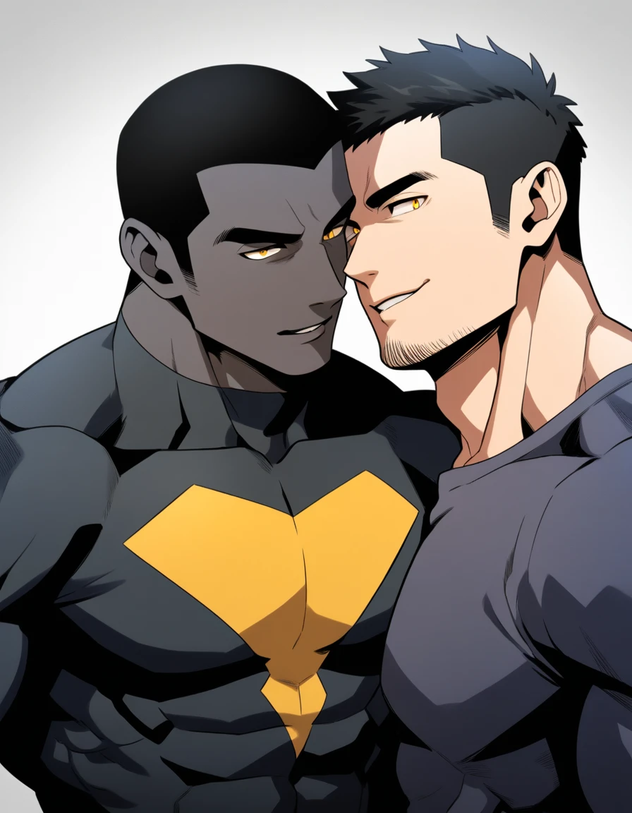 anime characters:Two superheroes in tights, Muscle superhero, negro black skin, They hugged and kissed each other, Bite your neck, Caress, Manliness, male focus, Yellow and black high collar long sleeve tight T-shirt, Slightly transparent material, Very tight, Round, full and perky chest muscles, Male dog waist, Slightly transparent, muscular male, muscular, only, Upper body, alone, Black short hair, Thick eyebrows, stubble, Yellow eyes, Grey background, simple background, amazing quality, best aesthetics, Ridiculous, bright pupils, crew cut, parted lips, seductive smile, torogao, naughty face, drop shadow, best quality