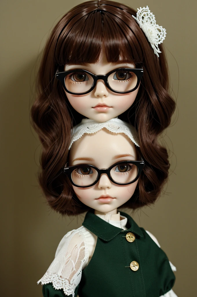 blythe doll white skin, dark red hair, dark brown eyes, green dress and glasses
