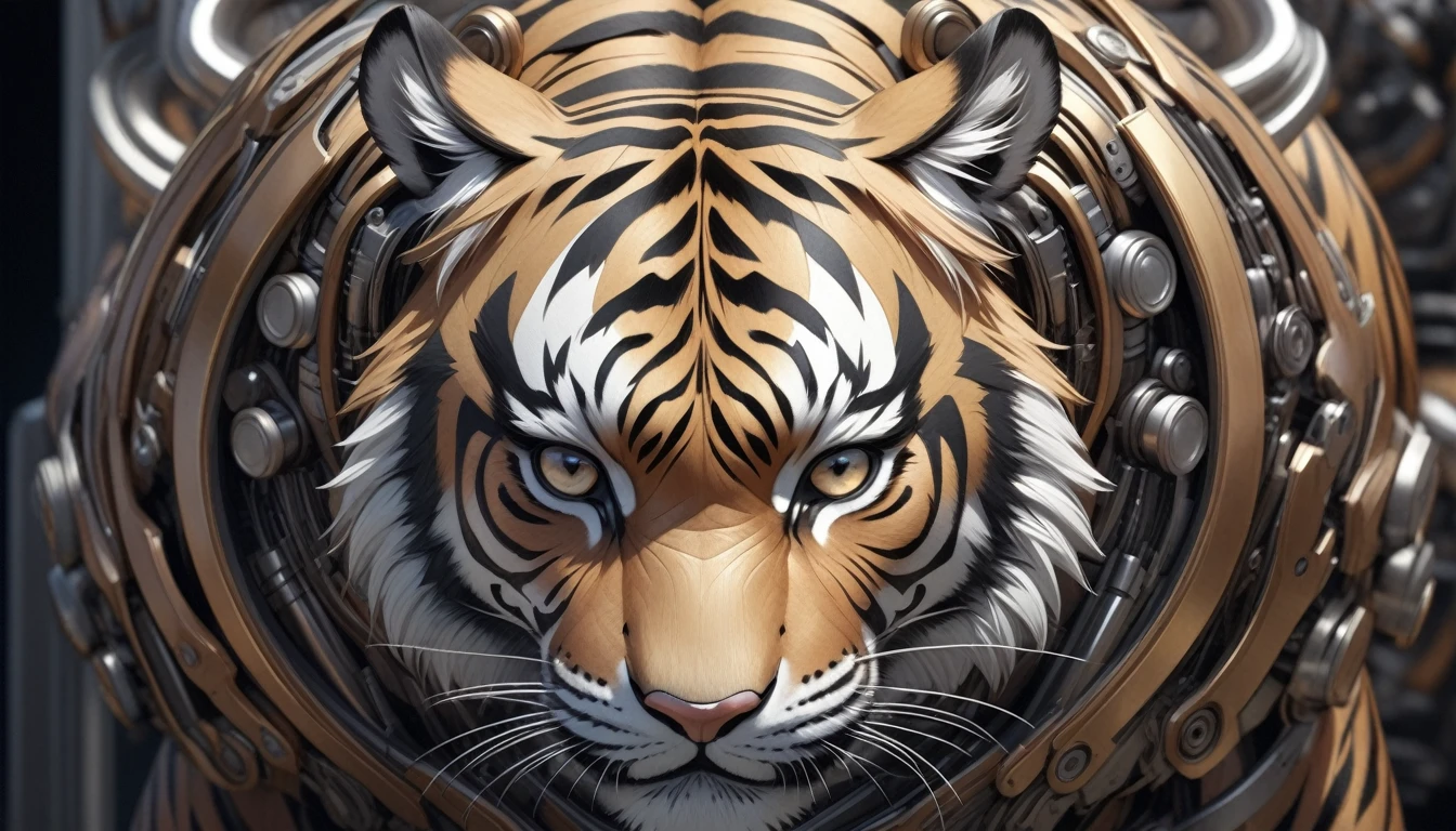 Ultra-realism, ((Masterpiece)), ((Best Quality)), (Very Detailed), ((Very Detailed)), 4K, (8K), very aesthetic, absurdres highres, Create highly textured mechanical tiger artwork. This tiger has a metallic sheen and realistic texture and is constructed with detailed mechanical elements. The colors are metallic gray and silver, with hints of rust, giving it an aged but advanced technological look. The background is simple and focuses on the intricacy and craftsmanship of the tiger design.