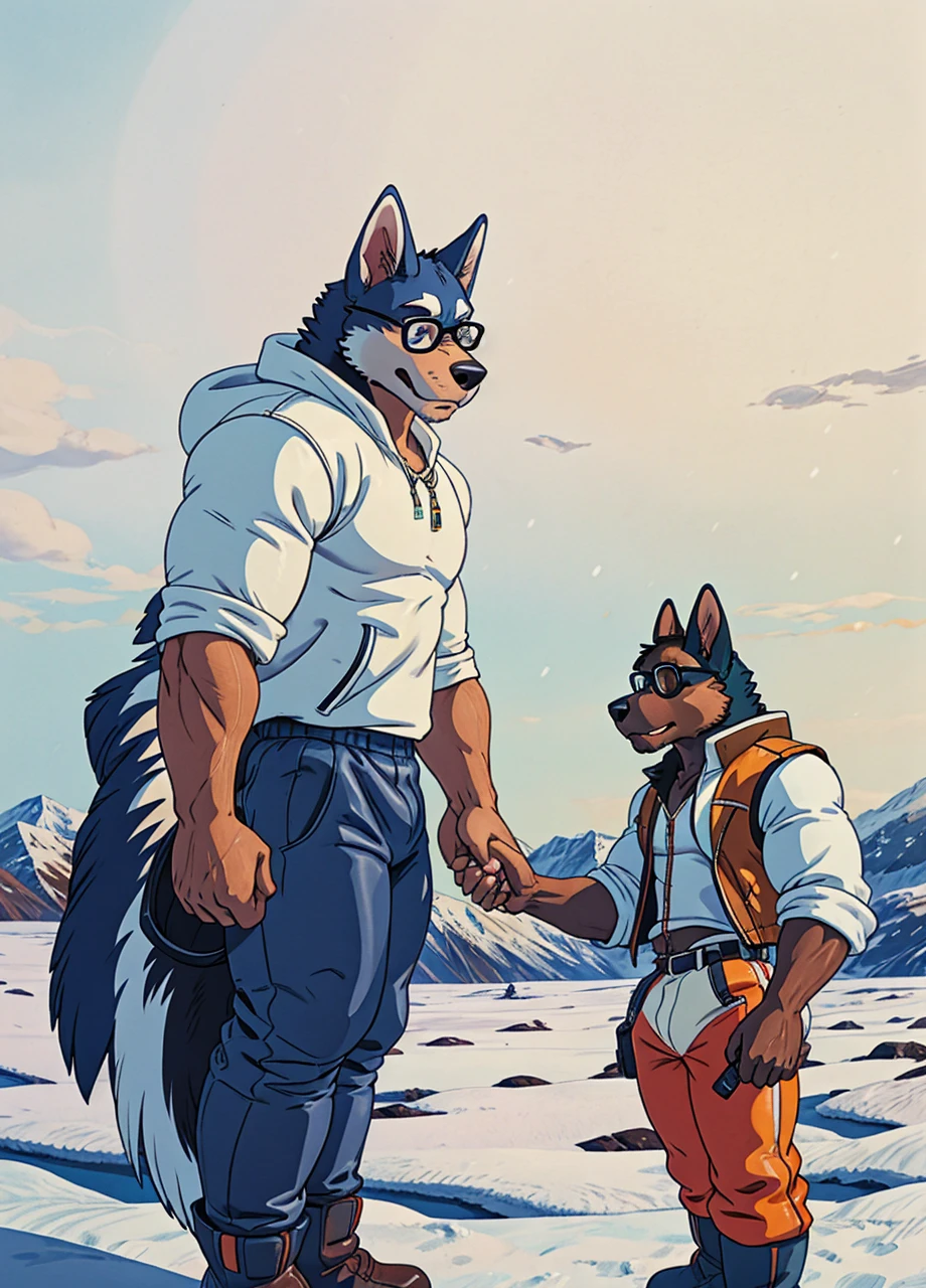 A muscular husky dog with strong, muscular build, white and black fur, wearing a leather jacket, winter pants, and snow boots, standing in an arctic landscape. A skinny boy with circle glasses, wearing a t-shirt, vest, sweatpants, holding hands with the dog, with eyes between them.