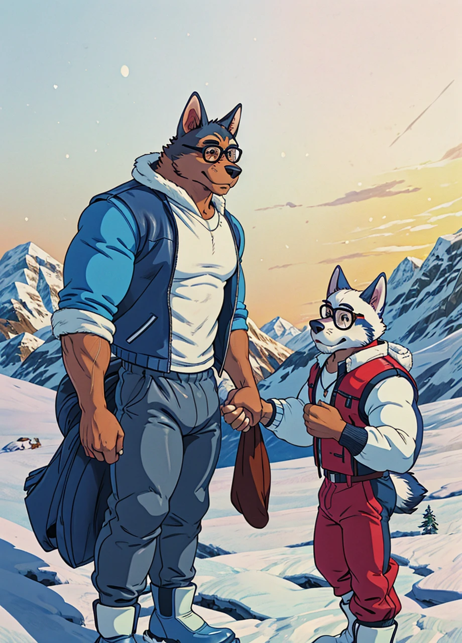 A muscular husky dog with strong, muscular build, white and black fur, wearing a leather jacket, winter pants, and snow boots, standing in an arctic landscape. A skinny boy with circle glasses, wearing a t-shirt, vest, sweatpants, holding hands with the dog, with eyes between them.