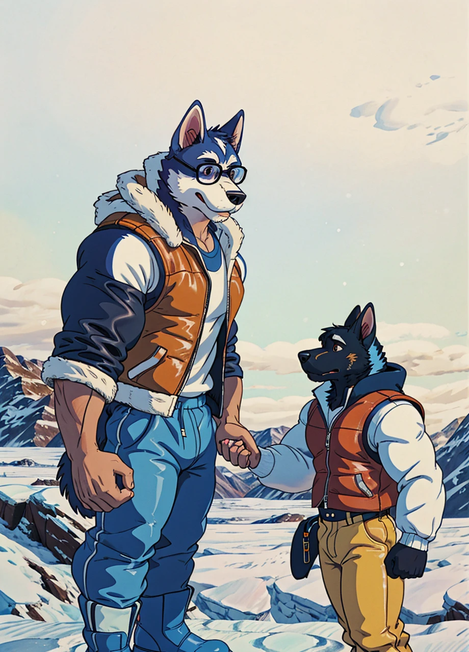 A muscular husky dog with strong, muscular build, white and black fur, wearing a leather jacket, winter pants, and snow boots, standing in an arctic landscape. A skinny boy with circle glasses, wearing a t-shirt, vest, sweatpants, holding hands with the dog, with eyes between them.