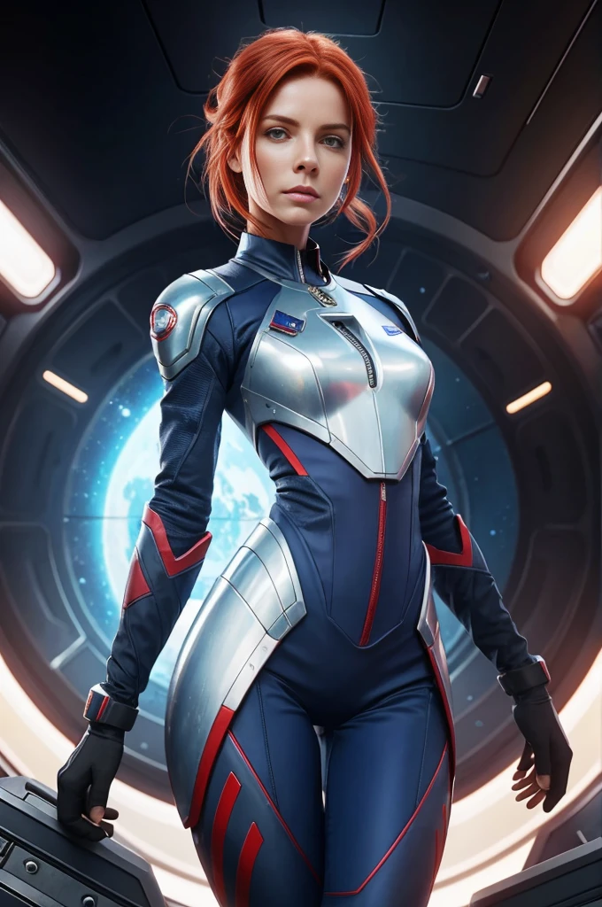 ((a woman with red hair, natural blue skin)), wearing a futuristic suit, fully body, Astronaut Armored Suit , [Victoria Beckham], [[Kate Beckinsale]], [[[Jenna Coleman]]], [[[Tricia Helfer]],Space Cadet Girl, Wojtek FUS, Epic science fiction character art, Epic Sci-Fi Character Art, detailed digital concept art, artstation trend, Trend at Artstation headquarters, Sci - science fiction character, thigh gap, small waist, Slender thighs
