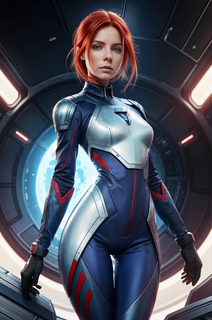 ((a woman with red hair, natural blue skin)), wearing a futuristic suit, fully body, Astronaut Armored Suit , [Victoria Beckham], [[Kate Beckinsale]], [[[Jenna Coleman]]], [[[Tricia Helfer]],Space Cadet Girl, Wojtek FUS, Epic science fiction character art, Epic Sci-Fi Character Art, detailed digital concept art, artstation trend, Trend at Artstation headquarters, Sci - science fiction character, thigh gap, small waist, Slender thighs