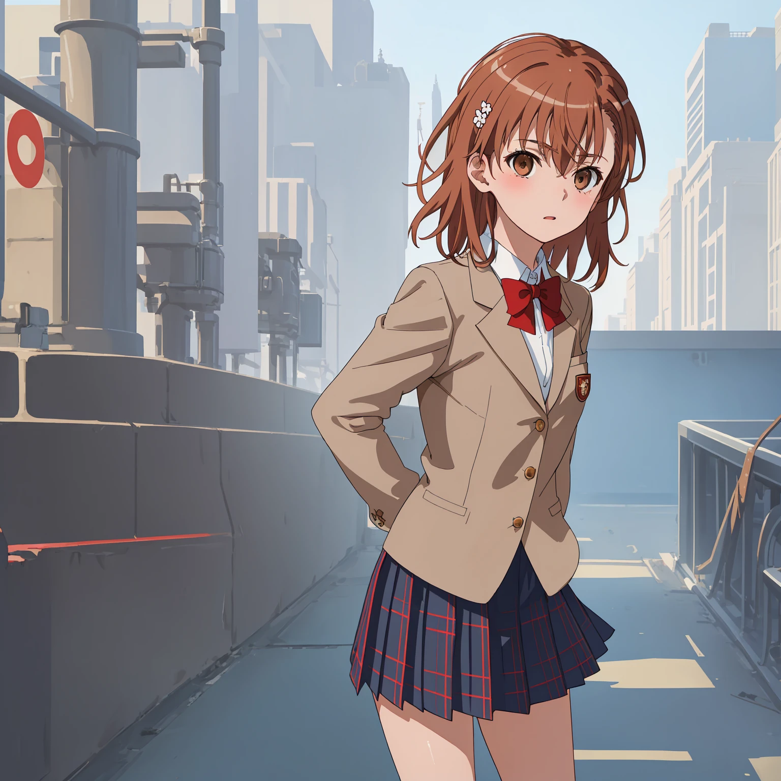 ((Best Quality)), ((masterpiece)), (detailed), 1girl, solo, perfect face, beautiful face, detailed face, perfect eyes, perfect hair, detailed hair, Misaka_mikoto, bowtie, brown jacket, red bow, red bowtie,blazer, bow, pleated skirt, grey skirt, blue plaid skirt with criss-cross lines in black and tan, pleated skirt with black pleats and school style, show face, focus face, face-to-face, facial zoom, Brown eyes, extremely detailed hair