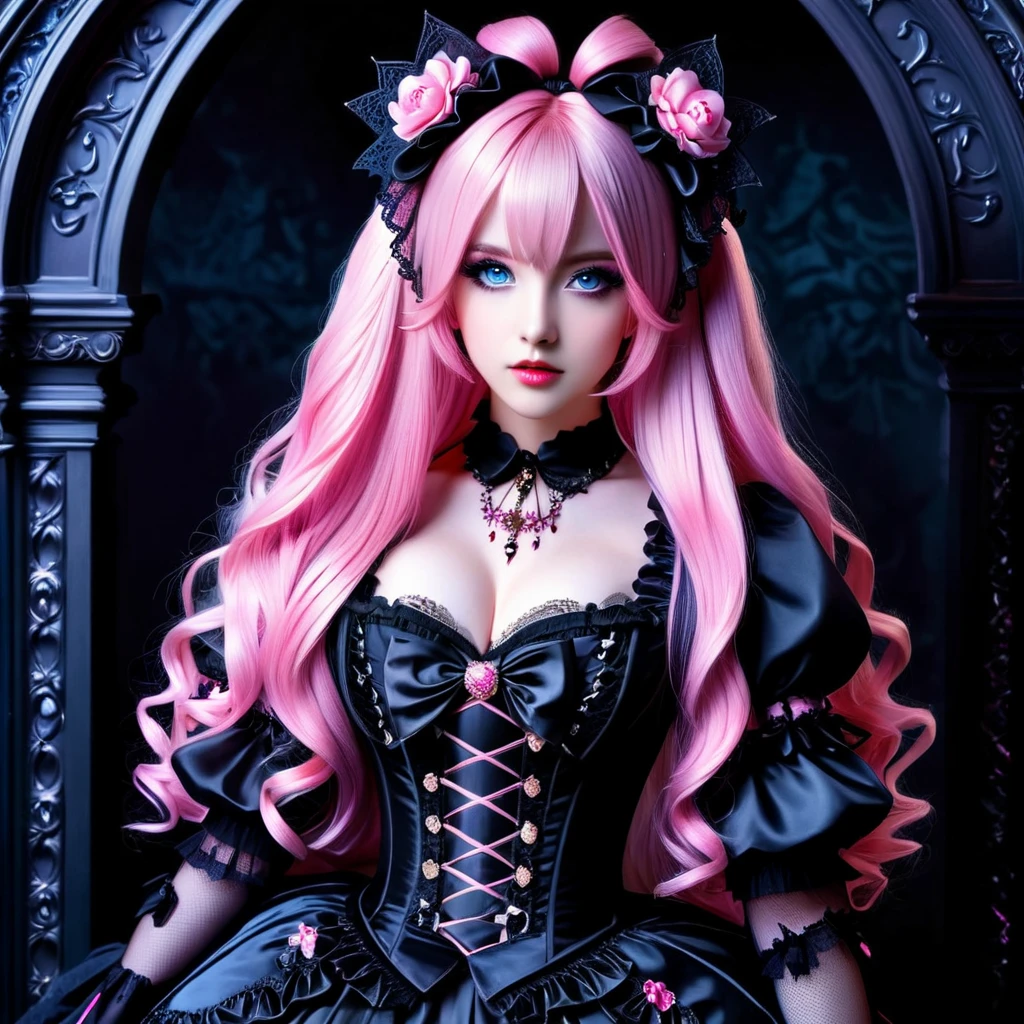 A hyper-realistic gothic lolita with blue eyes and long pink hair, dressed in elaborate gothic attire with a dark, mysterious background.