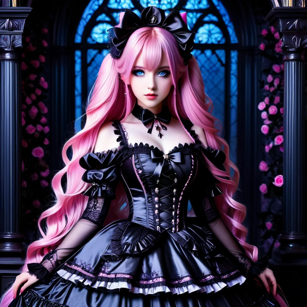 A hyper-realistic gothic lolita with blue eyes and long pink hair, dressed in elaborate gothic attire with a dark, mysterious background.