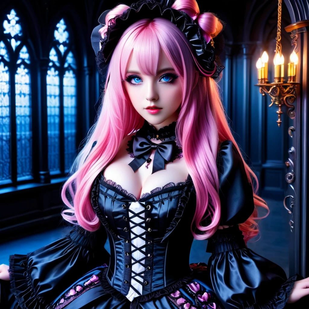 A hyper-realistic gothic lolita with blue eyes and long pink hair, dressed in elaborate gothic attire with a dark, mysterious background.
