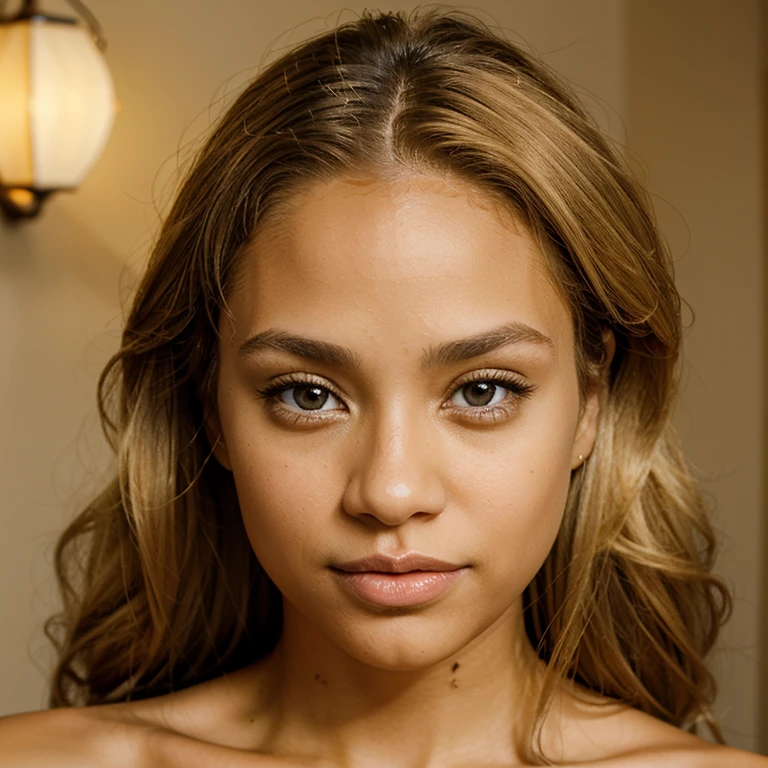 Light skin biracial woman with golden blond hair and light brown eyes
