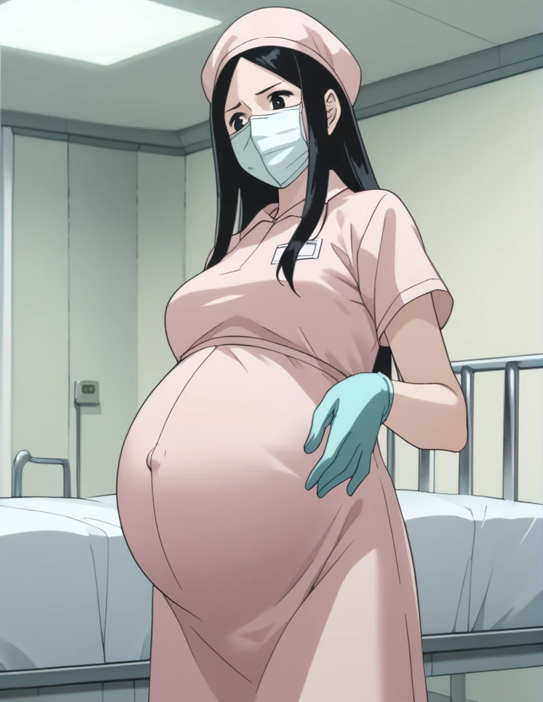 score_9,  score_8_up, score_7_up, source_anime, kasuganoray, pale skin, shy eyes, long hair, scrubs, surgical mask, surgical cap, seamless long sleeved maternity clothes, 
1girl, pregnant, solo, rubber gloves, looking down, furrowed brow, hospital bed, standing