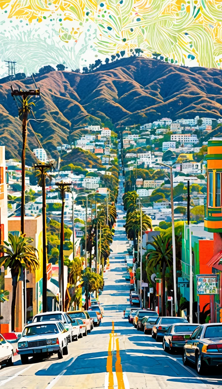 Monotype print, gelli impression, featuring a front-view of a California street, Hollywood Hills background, lively pop art colors, intricate cityscape details, contrast between urban foreground and scenic background, ink spread texture, vibrant palette, ultra-fine digital painting.